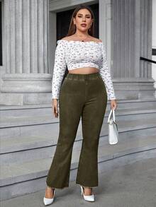 EMERY ROSE Plus Size Casual Everyday Washed Frayed Elastic Waist Flare Jeans - Dark Green - View 5