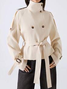 LYSMO 女士立领腰带设计纽扣休闲百搭日常长袖风衣外套 - 紫色 - 查看 5