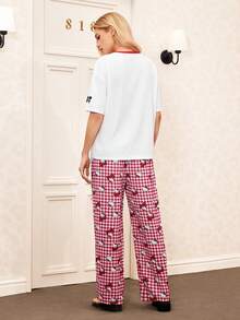 HELLO KITTY AND FRIENDS | SHEIN 女士可爱蝴蝶结卡通图案短袖T恤和格子长裤睡衣套装，春夏秋季 - 白色 - 查看 2