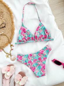 SHEIN Teen Girls Shell Print Halter Bikini Sets, Casual Vacation Beach Style - Multicolor - View 2