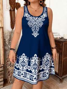 SHEIN LUNE Đầm không tay màu xanh hải quân cỡ lớn, đầm tunic dáng rộng in họa tiết Baroque cổ điển, đầm tank top cỡ lớn kiểu dáng thường ngày, họa tiết phong cách cung điện retro, đầm chữ A ôm dáng màu xanh hải quân. - Nhiều màu - Xem 5