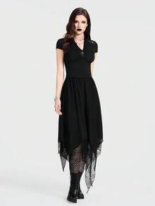 Breakform Women's Gothic Elegant Velvet Contrast Lace Frill V-Neck Metal Cross Decor Cap Sleeve Cuff Fitted Crop Top Black Summer Goth Club Night Out - Black - View 3
