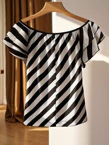 Franclia Plus Size Women's Black White Random Print Off Shoulder Blouse With Ruffle Cap Sleeves - Black and White - View 2
