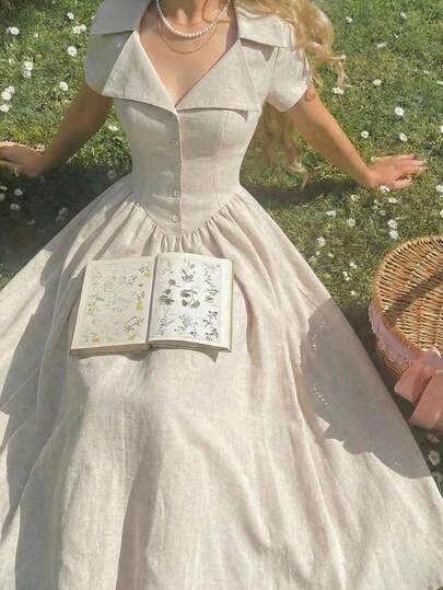 SHEIN MOD Women's Solid Color Button Fitted Elegant Mid-Length Dress, Vintage Court Style, Old Money Vibe, Suitable For Work, Back-To-School, Date,  Date, Picnic, Party, Festival, And Birthday, Elegant Dresses, Wedding Guest Dresses, French Style Dress, Cottagecore Dress, French Style Dress, Spring/Summer Dress