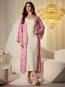 Modelyn Women's Elegant Chiffon Printed Jacket And Beige Washed Pleated Camisole Dress, Spring/Summer - Multicolor - View 4