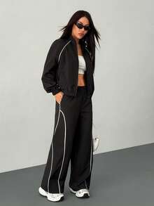 SHEIN PETITE 2pcs Women Streetwear Athleisure Cargo Outfit: Reflective Lapel Windbreaker Coat And Cargo Parachute Pants, Suitable For Spring/Autumn - Black - View 7