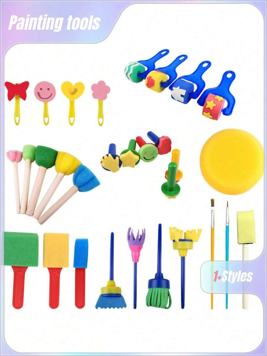 30 件绘画海绵刷和印章套装 返校,返校,学校用品 - 彩色 - 查看 1