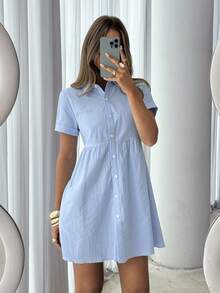 Siren Gaze Đầm ngắn nữ dáng suông, màu trơn, thoải mái, cài một hàng cúc. - Màu xanh lam - Xem 7