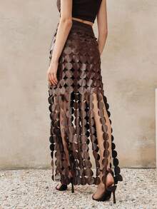 Anewsta 新款优雅镂空波点度假风半身裙，复古别致纹理流苏时尚百搭女裙 - 棕色 - 查看 2