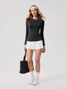 OutZeal 女士运动T恤瑜伽健身上衣柔软弹力修身长袖圆领 - 黑色 - 查看 4