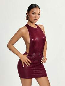 SHEIN ICON Y2K Women's Mardi Gras Sexy Festiva Burgundy Concert Party Club Coachella Maroon Solid Color Round Neck Sleeveless Fitted Backless Mini Dress, Summer - Burgundy - View 10