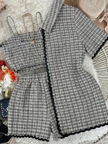 Lyxana 3件套女士通勤及上学优雅休闲返校套装：波浪边拼接短袖长款外套、吊带背心和直筒短裤，秋季款 - 深灰色 - 查看 2