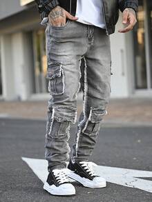 Devon Thys 男士时尚街头工装牛仔裤，修身多口袋休闲裤，Emo 风格 - 灰色 - 查看 6