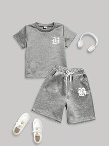 2pcs Toddler Boys' T-Shirt And Shorts Set, Casual Street Style - Grey - View 3