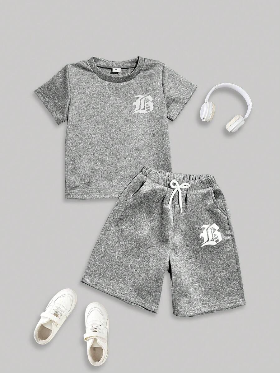 两件套幼儿男童T恤短裤套装，休闲街头风 - 灰色 - 查看 1
