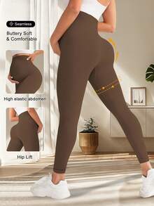 SHEIN Solid Color High Waist Seamless Yoga Maternity Leggings - Brown - View 2