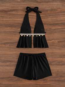 Bonvoyette 2026新款女士夏季沙滩度假纯黑色泡泡纹理面料星贝壳流苏抽绳露背吊带泳衣两件套 - 黑色 - 查看 6