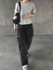 FRIFUL Áo thun nữ tay ngắn cổ tròn màu xám và trắng - Xám - Xem 2