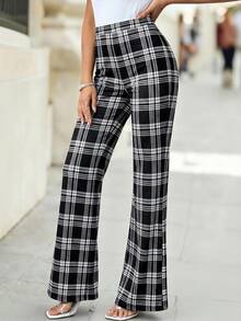 Editum 女士弹力针织格子黑色喇叭裤，优雅百搭，适合日常穿着、通勤、春夏穿着，格子裤，女士办公裤，商务休闲女裤，女士格子长裤，黑白格子裤，喇叭裤，弹力针织，办公裤，女士春夏格子裤 - 黑與白 - 查看 7