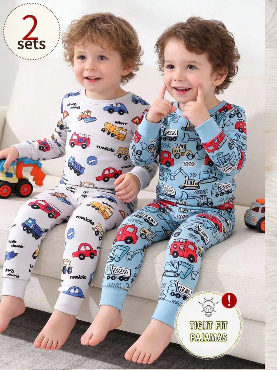 Bộ đồ ngủ 4 món cho bé trai, ôm sát, in hình máy xúc, cần cẩu, xe tải ngộ nghĩnh, phối màu gồm áo dài tay và quần. - Nhiều màu - Xem 1