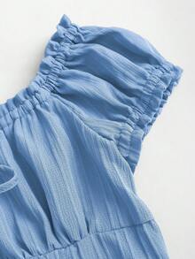 Sweetra Women's Summer Solid Color Ruffle Hem Tie Waist Short Sleeve Blouse - Baby Blue - View 3