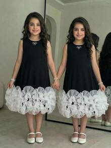 SHEIN Tween Girl Spring/Summer Elegant Glamorous Rhinestone Bow Contrast Color Organza Ruched Exaggerated Ruffle Hem A-Line Tank Dress Princess Dress Flower Girl Dress Wedding Party Dress Black And White KIDS - Black - View 3