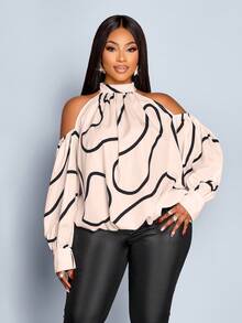 SOLERSUN Áo sơ mi nữ cỡ lớn thời trang mới, họa tiết đơn sắc ngẫu nhiên, trễ vai, tay dài, tay phồng rộng, thắt nơ sau lưng, dáng rộng thoải mái, đa năng mặc hàng ngày đi làm. - Màu be - Xem 6