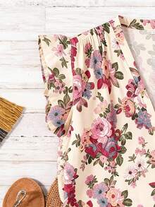 Linhara Blusa sin mangas con cuello en V, estampado floral y volante en el bajo, adecuada para primavera y verano, tallas grandes - Multicolor - Ver 4
