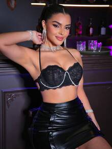 1件女士内衣，黑色蕾丝钢圈文胸，性感薄款罩杯 - 黑色 - 查看 3