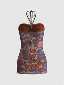 ROMWE Avant 中国风佛像印花串珠项链设计迷你连衣裙女装 - 彩色 - 查看 9