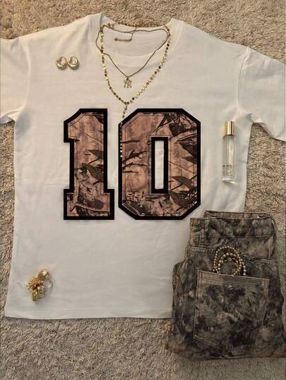 Manfinity Dauomo 男士户外休闲印花T恤，夏季新款，白色，数字10图案，适合户外活动、约会，休闲风格，男士圆领T恤