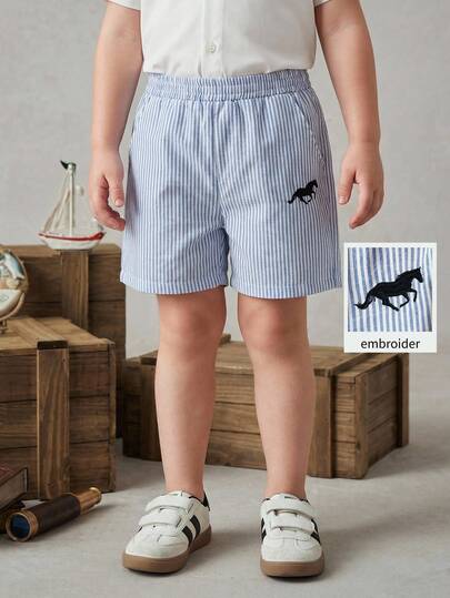PrepCrw 1pc Young Boys' Elegant Striped Woven Casual Shorts With Pockets, Straight Leg, Lightweight & Comfortable, Versatile For Outings, Vacation, Photography, School, Sports, Gatherings, Spring/Summer