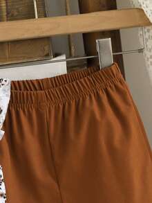 Elladie kids 女童纹理面料短袖纽扣后背T恤和休闲长裤两件套 - 棕色 - 查看 5