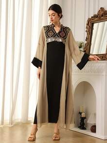 Al Najma 女士优雅亮片镂空领阿拉伯风格连衣裙 - 黑色 - 查看 5