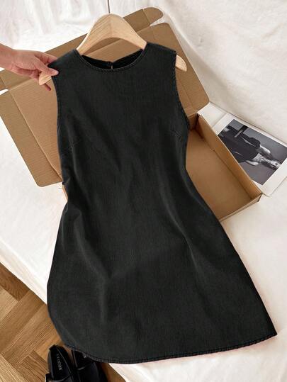 Comfortcana Women's Casual Solid Color Round Neck Sleeveless Denim Dress, Summer