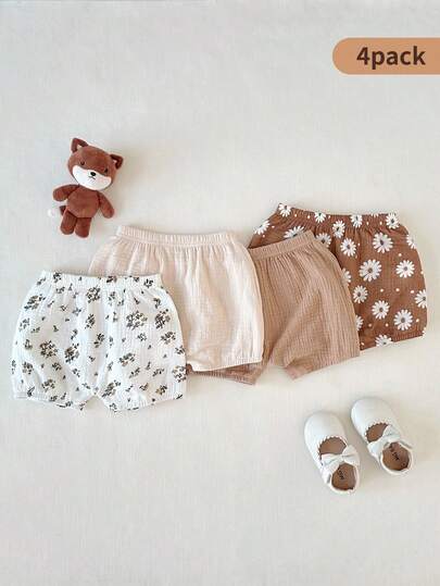 SHEIN 4pcs/Set Baby Girls' Solid & Printed Comfortable Casual Versatile Woven Shorts, Suitable For Loungewear And Fashionable Outings