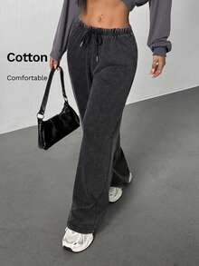 SHEIN PETITE Quần nỉ ống đứng lưng thấp thường ngày dành cho nữ, thích hợp cho mùa hè, đã giặt - màu đen - Xem 5