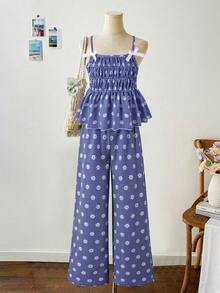 SHEIN ChillGrl Girls 2-Piece Set: Woven Plaid Allover Daisy Print Camisole Top Paired With Elastic Waist Straight Leg Pants, Bow Decor, Retro Casual, Suitable For Spring/Summer Daily Wear - Blue - View 4