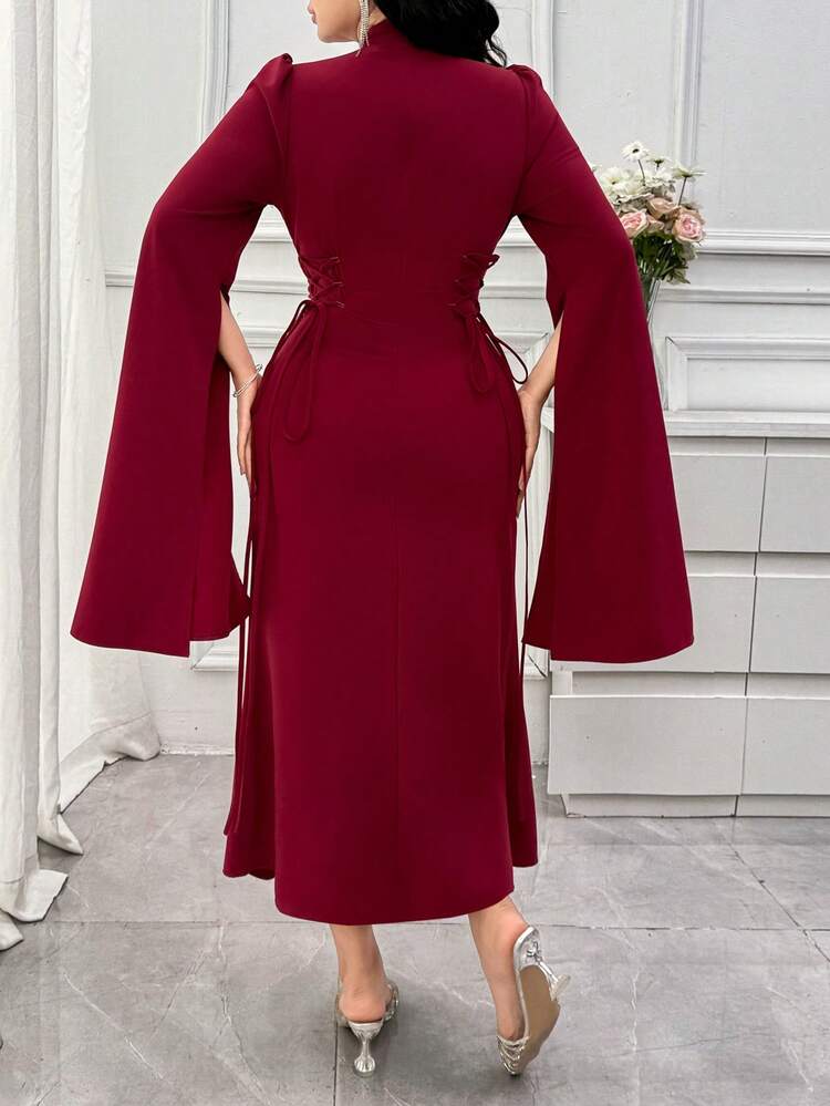 Women's Elegant Contrast Color Lace Trim Stand Collar Puff Sleeve Split Hem Tie Waist Mid-Length Dress, Spring/Summer Wedding Guest Dress Sundress