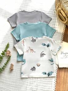 SHEIN Vintaside Kids 3pcs Toddler Casual Dinosaur Pattern Knit Set, Short Sleeve T-Shirt, Spring/Summer - Multicolor - View 2