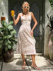 MainGRL 女士碎花系带收腰中长吊带连衣裙，优雅适合度假和约会，春夏款 - 彩色 - 查看 3