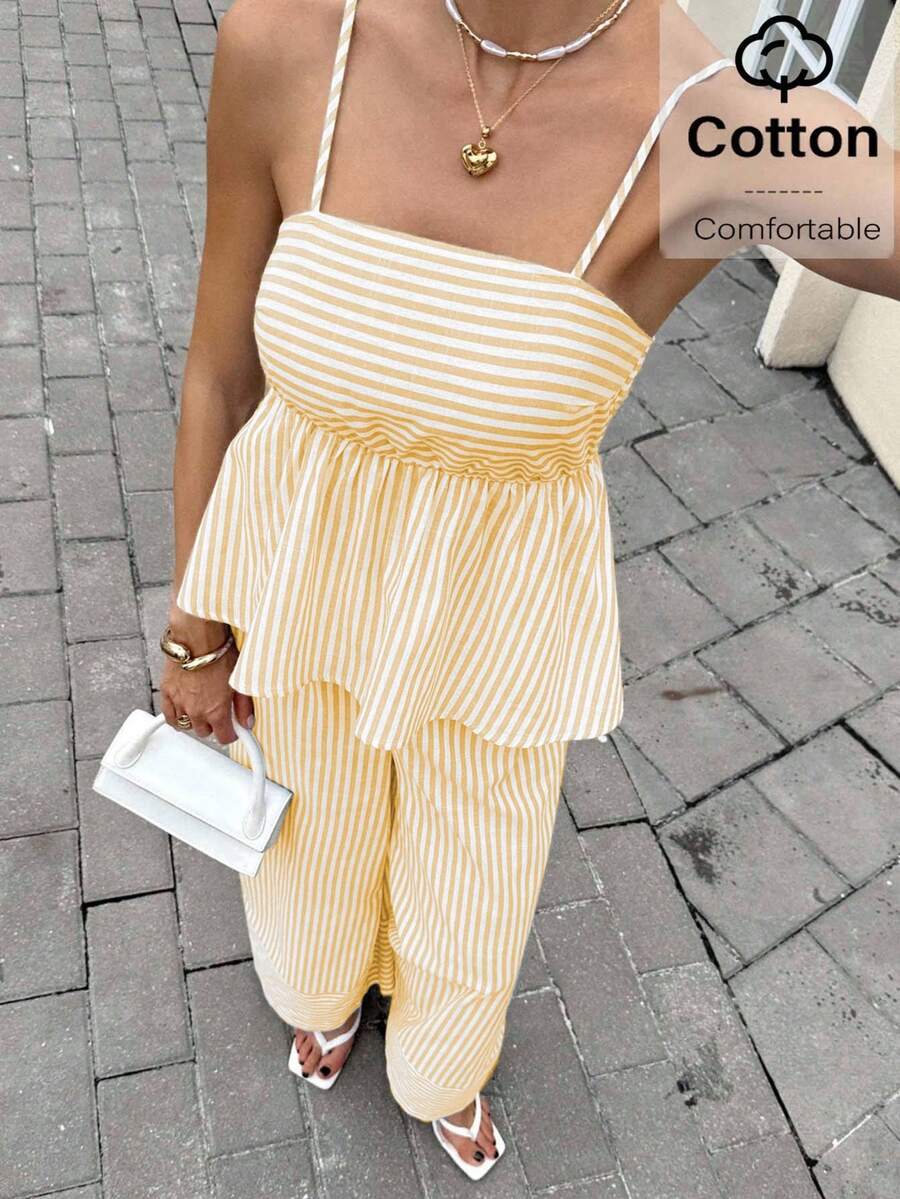 Siren Gaze Conjunto de 2 peças feminino listrado com babados na barra, composto por blusa regata e calça. - Amarelo - Ver 1