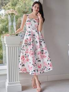 DAZY Women's Elegant Floral Print Sleeveless Square Neck Midi Dress, Summer Wedding Guest Dress - Pink - View 1