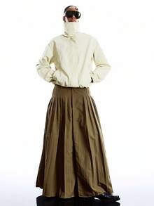 LYSMO 女士纯色百褶休闲百搭半身裙 - 軍綠色 - 查看 6