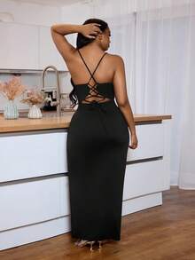 Veslaya Vestido Longo Preto Básico Estilo Sexy com Alças Finas, Decote Nas Costas e Amarração Na Frente, Tecido Elástico de Malha, Tamanhos Grandes, Adequado para Ocasiões Elegantes, Casuais, Férias, Passeios Diários, Reuniões, Encontros, Festivais de Música, Jantares e Festas - Preto - Visão 6