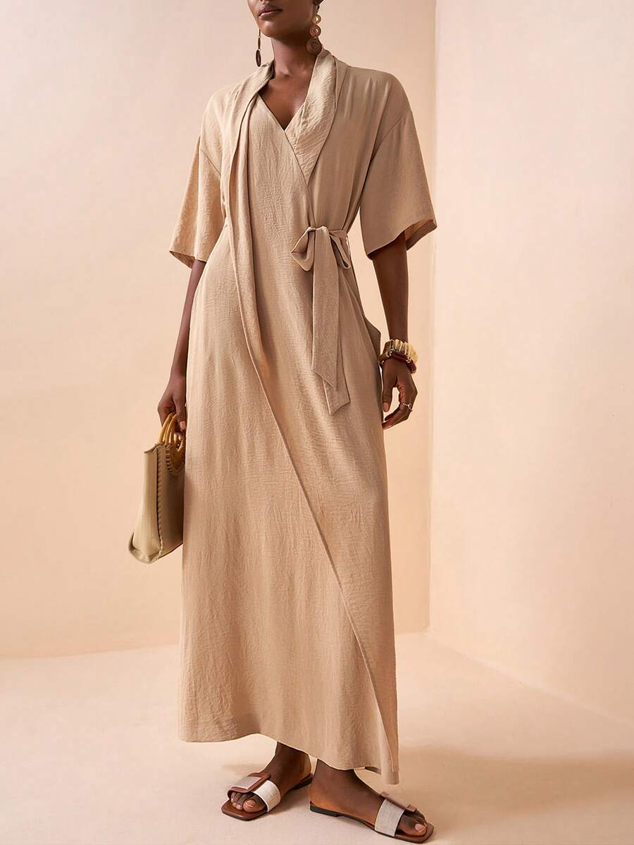 Zivah 2025春季新款卡其色梭织面料交叉裹身七分袖口袋长裙 - 卡其色 - 查看 1