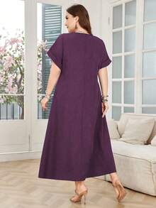Lacomfia Vestido casual, cómodo y versátil de talla grande con cuello en V, manga corta y estampado de rayas y patchwork - Morado - Ver 2