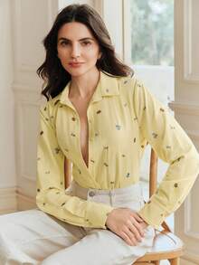 Anewsta Elegant Commuter Fresh Women's Yellow Embroidered Cotton-Polyester Blouse - Yellow - View 7