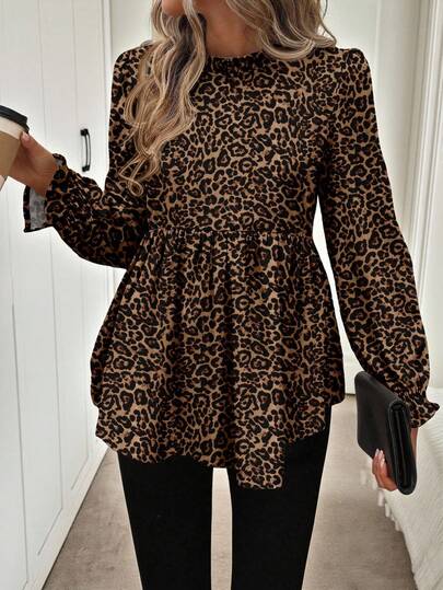 Easowa Women's Casual Autumn/Winter Basic Loose Babydoll Long Sleeve Shirt, Leopard Print New Year Party,Casual