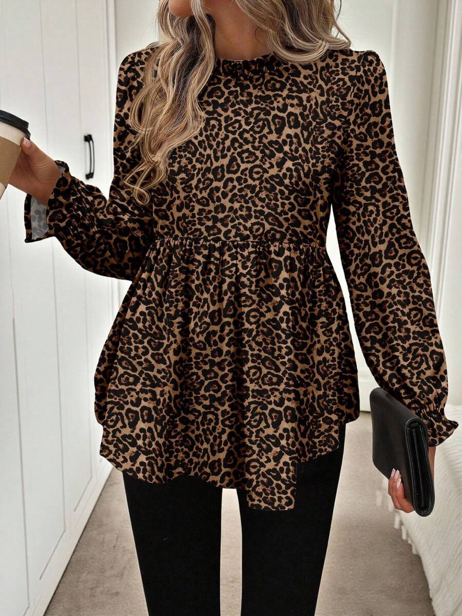 Easowa Áo sơ mi nữ tay dài dáng rộng thoải mái, họa tiết da báo, thích hợp cho tiệc năm mới, phong cách thường ngày, thích hợp mặc mùa thu/đông. - Nhiều màu - Xem 1